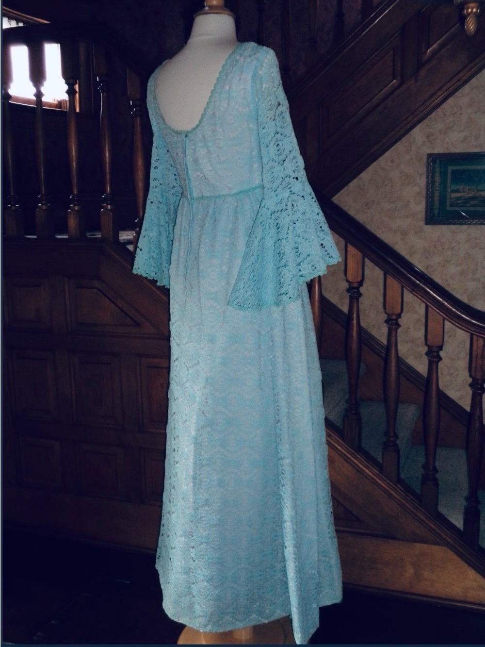 Darling 60's Bohemian Wedding Party Dress Ecru Nude Lace Folk Empire Pale Aqua S